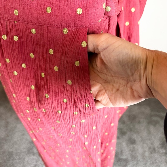 Boden Pink & Gold Polkadot 3/4 Sleeve Crêpe Maxi Dress Size 20/22R has pockets - Picture 5 of 12